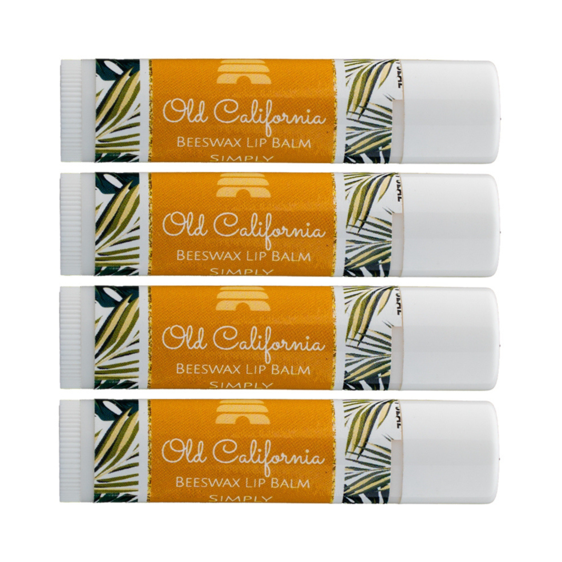Four Old California beeswax lip balm tubes on a white background
